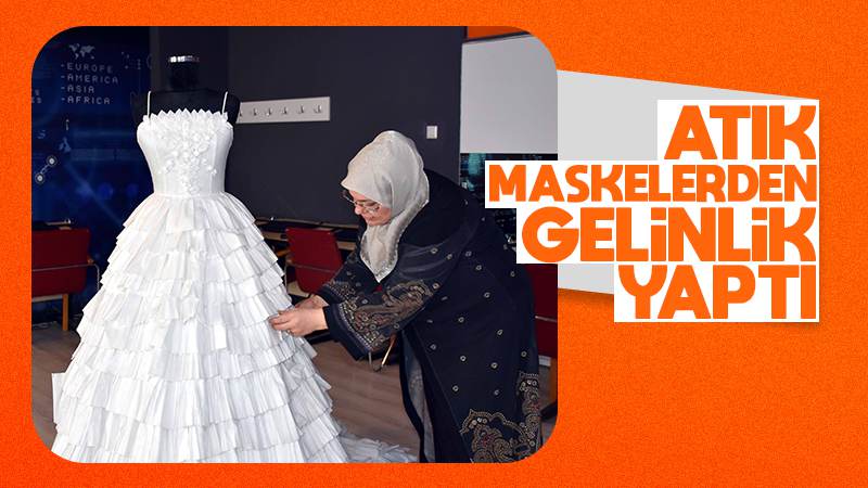 Geri dönüşüm farkındalığı için medikal maskelerden gelinlik tasarladı