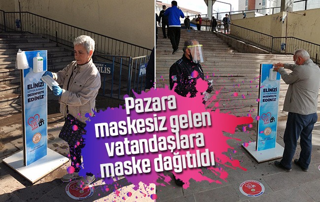 Pazara gelenlere maske dağıtıldı