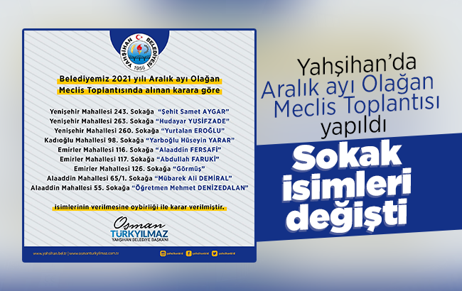 Yahşihan’da sokak isimleri değişti